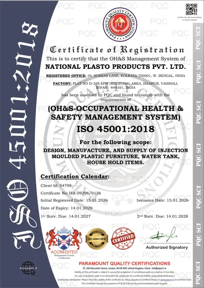 ISO 45001:2018 certificate, Hajipur plant